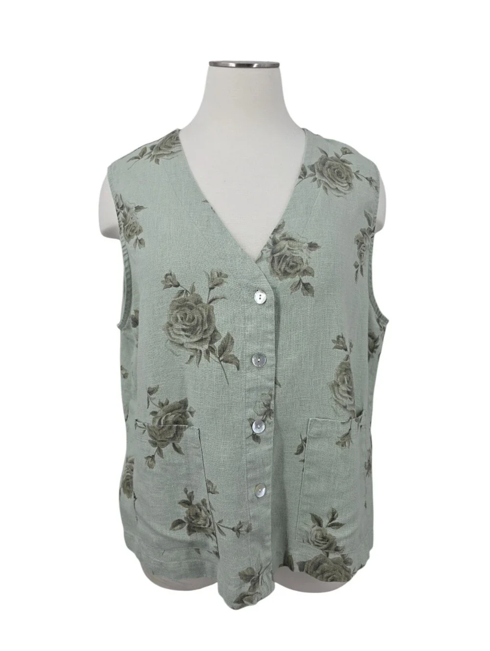 Vintage Linen Sleeveless Sage Green Floral Button-Front Vest Sleeveless Top